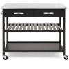 Stainless Steel Top Black Wood Frame Kitchen Island Cart on Casters
