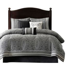 Queen size 7-Piece Comforter Set in Black White Grey Damask Pattern