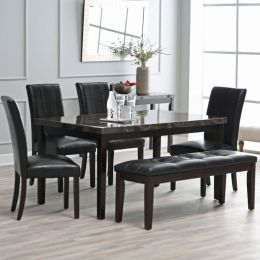 Espresso 6-piece Faux Marble Top Dining Set with 4 Chairs and Bench