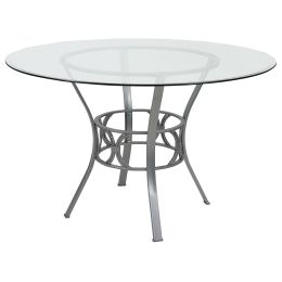 Contemporary 48-inch Round Clear Glass Dining Table with Silver Metal Frame