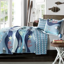 Full / Queen Blue Serenity Sea Fish Coral Coverlet Quilt Bedspread Set