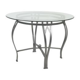 Round 42-inch Clear Tempered Glass Dining Table with Silver Frame