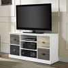 White Wood Finish TV Stand with Multi Wood Grain Finish Drawer Door Fronts