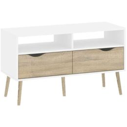 furnModern Mid-Century Style Console Table in White / Oak Wood Finish