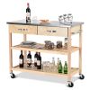 Natural Wood Modern Kitchen Island Cart with Stainless Steel Top