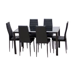 Modern 7-Piece Dining Set with Glass Top Table and 6 Chairs in Black
