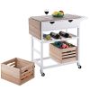 White Wood Kitchen Island Cart with Wine Rack and Wheels