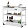 White Wood Modern Kitchen Island Cart with Stainless Steel Top