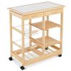 Mobile Wooden Kitchen Cart with Storage Drawers and Wine Rack